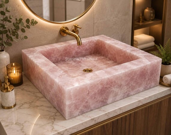Square Rose Quartz Agate Wash Basin Luxury Bathroom Sink Handmade Gemstone Vanity Basin