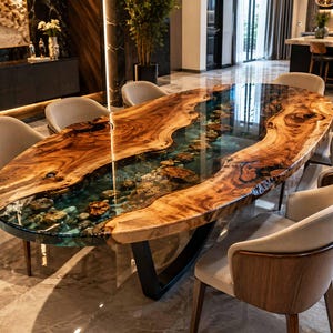 Könnte beinhalten: Ein ovaler Esstisch mit einer Massivholzplatte mit Naturkante und einem zentralen Flussdesign aus durchscheinendem blauem Harz und eingebetteten Steinen, getragen von einem schwarzen Metallgestell, umgeben von acht gepolsterten Stühlen mit Holzrahmen.