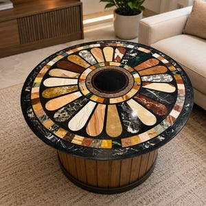 Black Marble Inlay Table Mosaic Multi Gemstone Handmade Mid Century Modern Decor