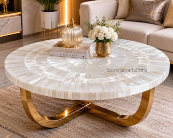 Handmade Selenite Sunburst Coffee Table Top | Luxury Crystal Furniture Overlay