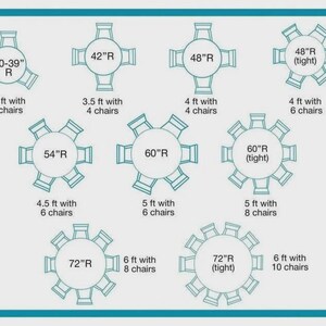 May include: A diagram showing nine circular table configurations with varying diameters from 30-39 inches to 72 inches, labeled with corresponding chair counts and required space dimensions in feet, using teal outlines on a light gray background.