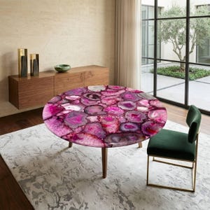 Pink Agate Round Geode Table | Luxury Gemstone Dining Table | Handmade Stone Furniture
