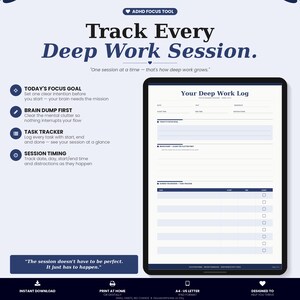 Może przedstawiać: Cyfrowe narzędzie do skupienia uwagi ADHD z tekstem „Track Every Deep Work Session”. Obraz zawiera szablon „Your Deep Work Log” z sekcjami na cele skupienia, zrzuty mózgu, śledzenie zadań i pomiar czasu sesji. Projekt jest w odcieniach niebieskiego i białego.