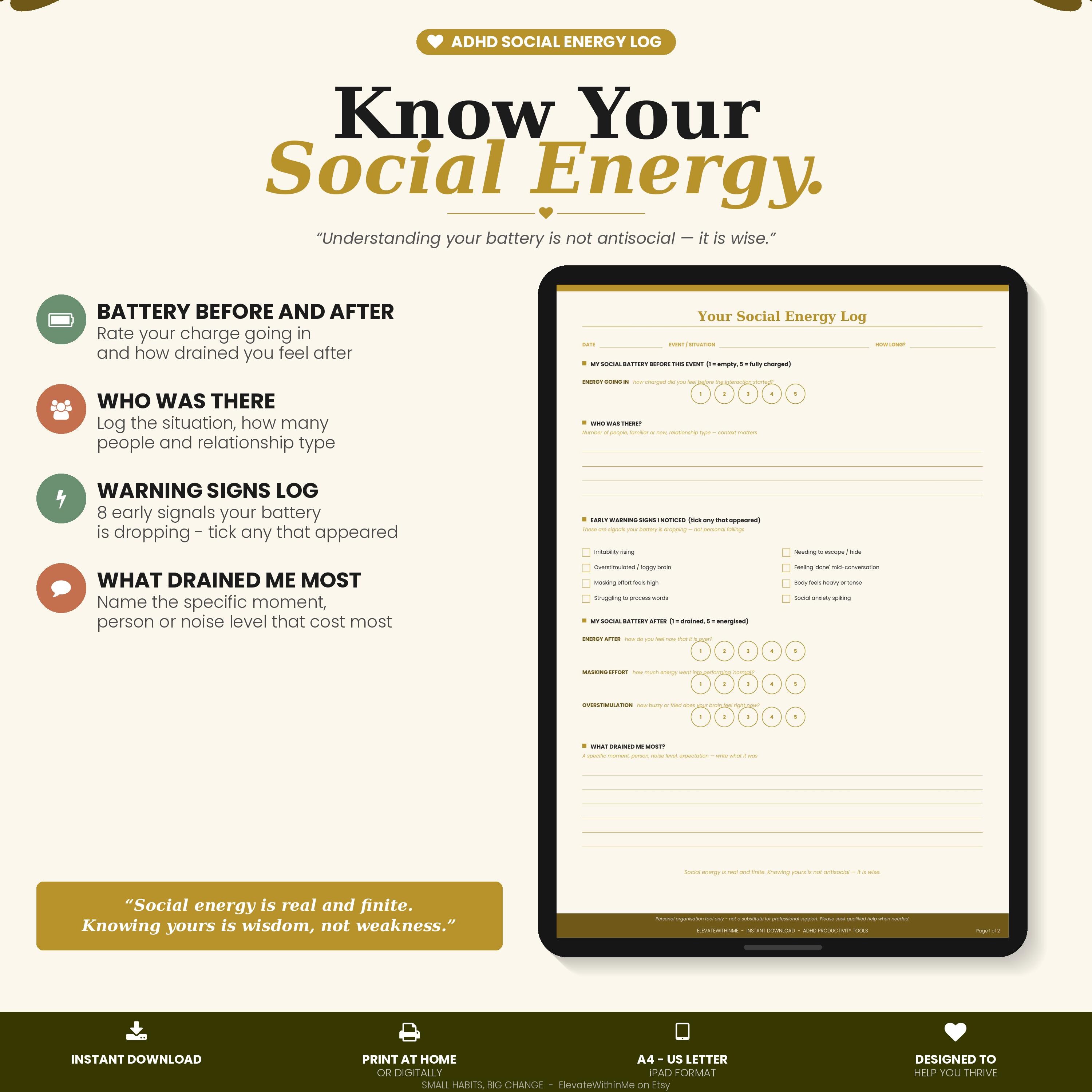 Recharge Tracker ADHD Social Battery Tracker Printable | Social Energy Log | Recharge ...