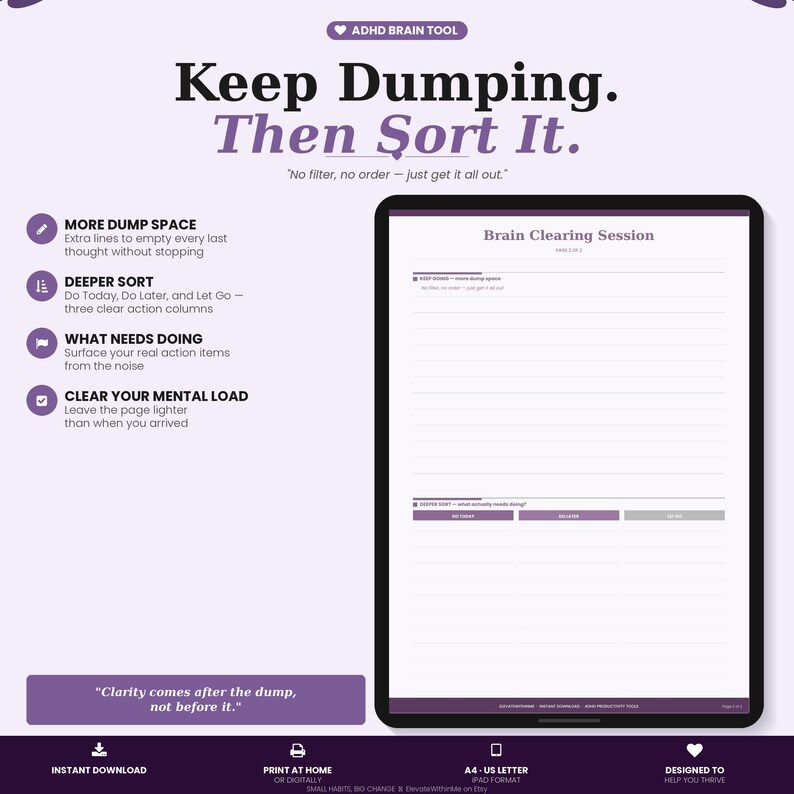 Dumping Tasks ADHD Brain Dump Pad Printable | Brain Clearing Worksheet | Thought ...