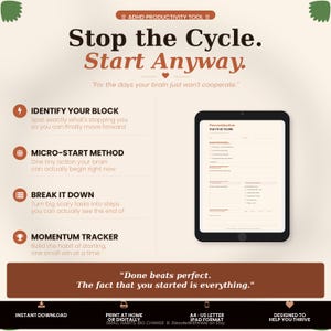 May include: An advertisement for an ADHD productivity tool. The image features a tablet displaying a survival guide, with text that reads "Stop the Cycle. Start Anyway." and "Done beats perfect."