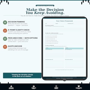 May include: An ADHD decision framework worksheet displayed on a tablet screen. The document features sections titled Your Choice Framework, Decision Framing, 6-Point Clarity Check, Pros and Cons, and Quote Anchor, with text prompts for organizing choices.