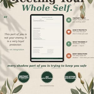 Può includere: Un foglio di lavoro digitale intitolato Meeting Your Whole Self visualizzato su uno schermo di tablet. La pagina include sezioni per il lavoro sull'ombra, parti protettive, trigger e sensazioni corporee. Il testo include: Instant Download, A4, US Letter.