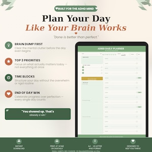 Könnte beinhalten: Digitaler ADHD-Tagesplaner auf einem Tablet. Der Planer enthält Abschnitte für Brainstorming, Top-Prioritäten, Zeitblöcke und Erfolge am Tagesende. Der Text lautet "Planen Sie Ihren Tag, wie Ihr Gehirn arbeitet".