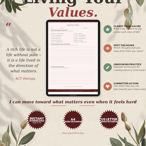 May include: A digital worksheet titled Living Your Values displayed on a tablet screen. The page includes checkboxes for values, lined sections for reflection, and text about ACT therapy. Icons represent clarifying values, spotting hooks, unhooking practice, and committed action.