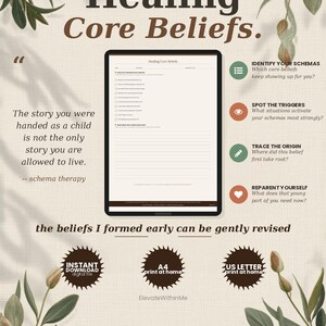 May include: A digital worksheet titled Healing Core Beliefs featuring checkboxes and lined sections for schema therapy. The page includes text prompts about identifying schemas, spotting triggers, tracing origins, and reparenting yourself.