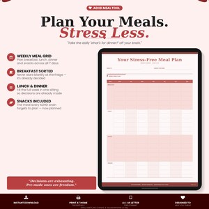 May include: A digital meal planning template with the text "Plan Your Meals. Stress Less." The template includes sections for a weekly meal grid, breakfast, lunch, dinner, and snacks. The design is in shades of pink and white, with icons and text describing the features.