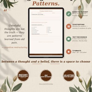 May include: A digital worksheet titled Changing Unhelpful Patterns displayed on a tablet screen. The document includes sections for naming thoughts, identifying cognitive distortions, and testing evidence, available in iPad, A4, and US Letter formats.