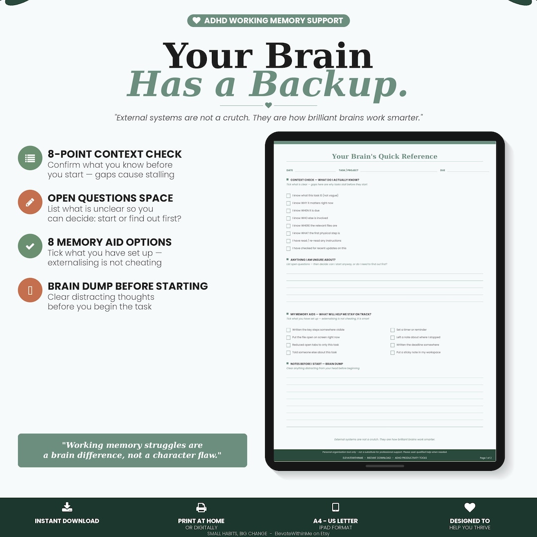 ADHD Working Memory Aid Printable | Brain Quick Reference | Task Start ...