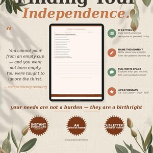 May include: A digital codependency recovery worksheet titled Finding Your Independence displayed on a tablet screen. The page includes a checklist of 12 patterns, a section to name a specific moment, and writing space. Text includes quotes about needs and birthrights.