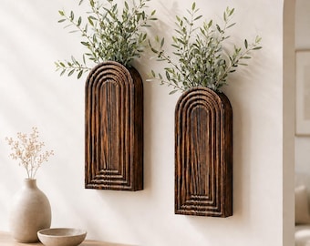 Set of 2 Handmade Wooden Wall Vases, Boho Hanging Planters, Natural Decor
