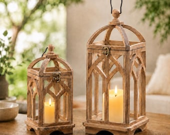 Set of 2 Wooden Lanterns, Rustic Farmhouse Candle Holders, Glass-Free Design