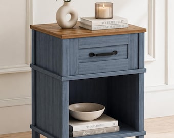 Farmhouse Nightstand with Drawer, Rustic Wood Bedside Table, Modern Storage Cabinet
