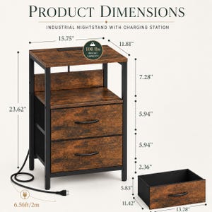 May include: Industrial nightstand with charging station. Features a distressed brown finish with black metal frame. Includes two drawers, a shelf, and a top surface with a charging port. Dimensions are 23.62" high, 15.75" wide, and 11.81" deep. Weight capacity is 100 lbs.