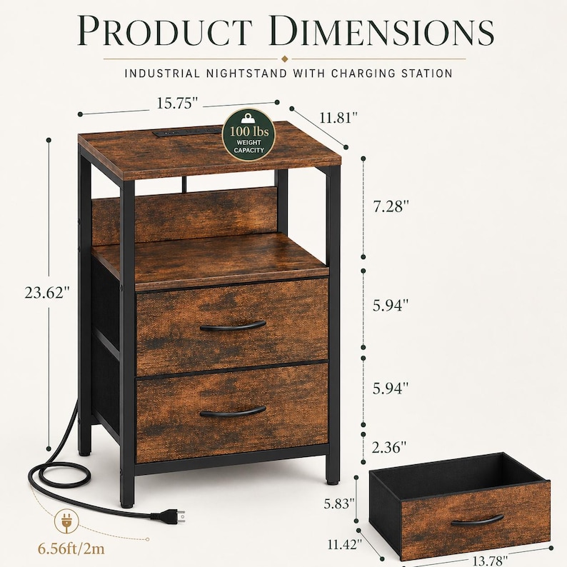May include: Industrial nightstand with charging station. Features a distressed brown finish with black metal frame. Includes two drawers, a shelf, and a top surface with a charging port. Dimensions are 23.62" high, 15.75" wide, and 11.81" deep. Weight capacity is 100 lbs.