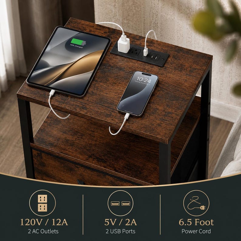 May include: A brown nightstand with a black metal frame. A tablet and smartphone are charging on the top surface. The nightstand has two AC outlets, two USB ports, and a 6.5-foot power cord.