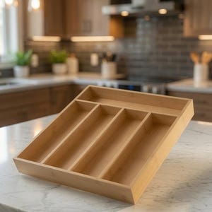 May include: A light brown bamboo cutlery organizer tray featuring four long vertical compartments and one horizontal compartment at the top. The rectangular tray has a smooth finish and is constructed with visible wood grain patterns throughout.