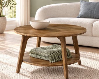 Round Coffee Table 2 Tier with Storage Shelf Tapered Legs Living Room Center Table