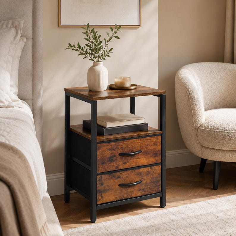 May include: A two-drawer nightstand with a rustic wood finish and black metal frame. The top shelf holds a white vase with greenery, a candle, and a small tray. The drawers have black handles.