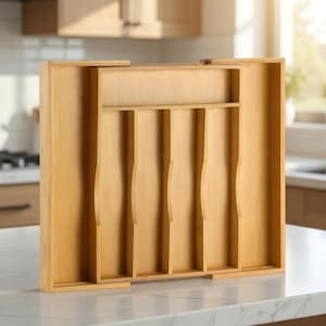 May include: An expandable bamboo cutlery tray featuring a horizontal top compartment and four vertical dividers with curved edges. The light brown wooden organizer is designed with sliding side panels to adjust the width for kitchen drawers.