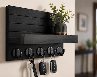 Rustic Wooden Key Holder Mail Organizer Shelf, Wall Mount Hooks for Entryway Storage
