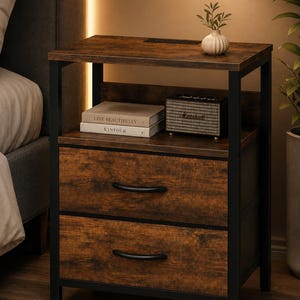 May include: A two-drawer nightstand with a rustic, distressed wood finish and black metal frame. The top shelf holds a small speaker, books, and a decorative vase. The drawers have curved black handles. The nightstand is next to a bed.