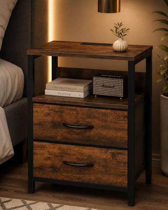 Modern Nightstand with Charging Station, 2 USB Ports, 2 Outlets, Storage Shelf, Bedside Table