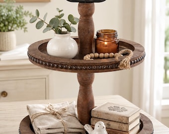 Rustic Farmhouse Wooden Two Tier Tray, Round Serving Stand, Kitchen Counter Organizer