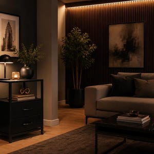 May include: A dimly lit living room with a modern aesthetic. Features include a black side table with a lamp, a framed picture, a sofa with pillows, and a coffee table. The room has a warm, inviting ambiance.