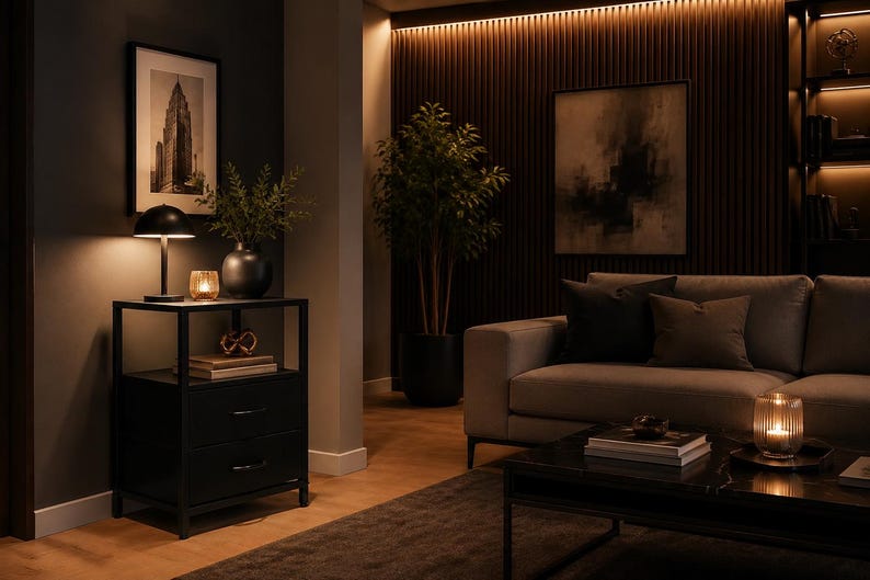 May include: A dimly lit living room with a modern aesthetic. Features include a black side table with a lamp, a framed picture, a sofa with pillows, and a coffee table. The room has a warm, inviting ambiance.
