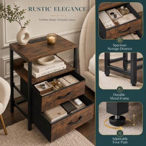 May include: A rustic brown and black side table with three shelves and two drawers. The table has a black metal frame and adjustable foot pads. The top shelf holds a vase, candle, and remote. The drawers are open, revealing storage space. Text reads "RUSTIC ELEGANCE".
