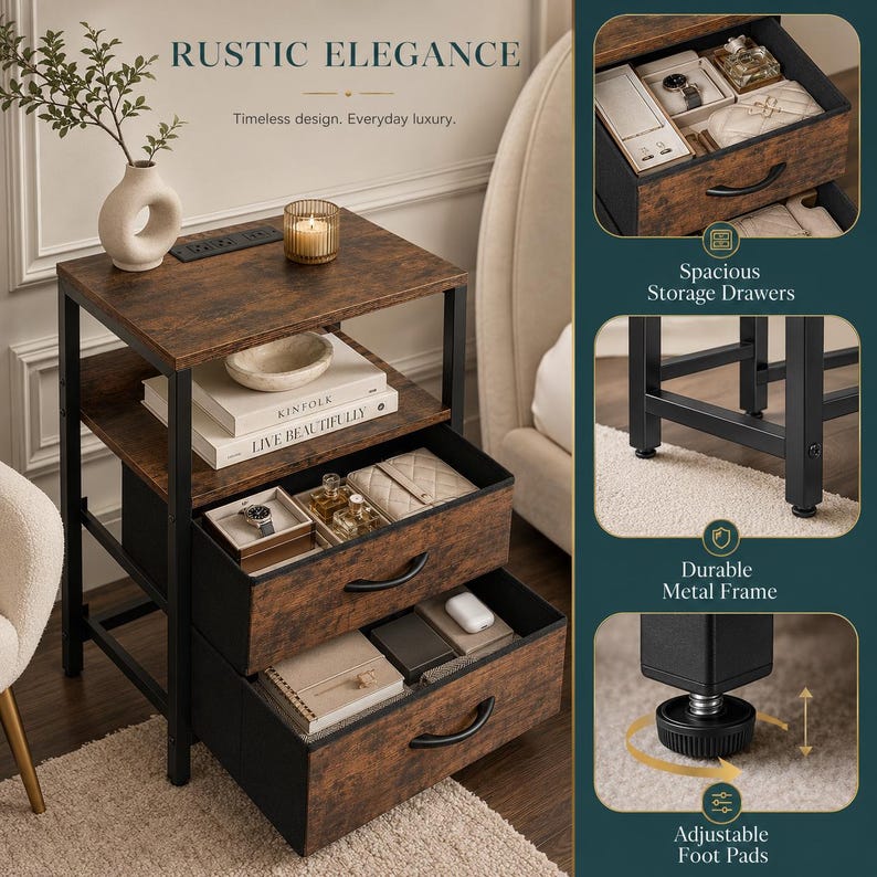 May include: A rustic brown and black side table with three shelves and two drawers. The table has a black metal frame and adjustable foot pads. The top shelf holds a vase, candle, and remote. The drawers are open, revealing storage space. Text reads "RUSTIC ELEGANCE".