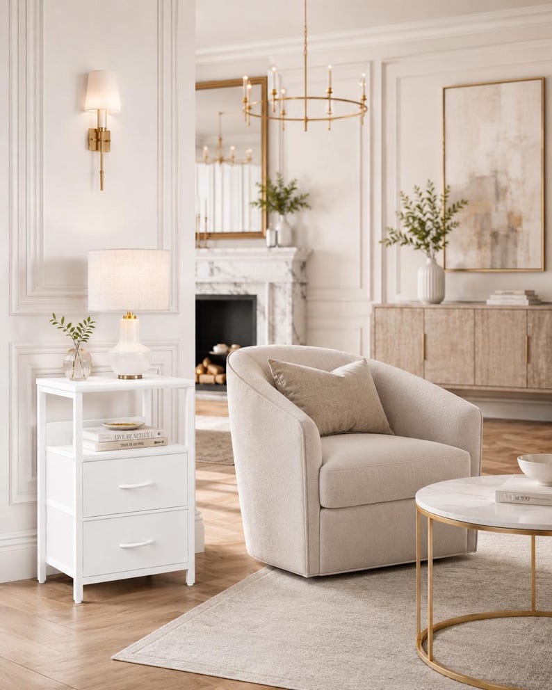 May include: A bright, airy living room with neutral tones. Features include a white nightstand with two drawers, a cream-colored armchair, a marble-topped coffee table, and a gold chandelier. A lamp with a linen shade sits on the nightstand.