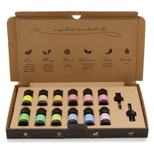 May include: A brown cardboard box containing twelve 5 ml essential oil bottles with coloured labels, two droppers, and printed text titled a guide to essential oils. The box lid features icons and descriptions for citrus, minty, floral, herbaceous, spicy, and woodsy scents.