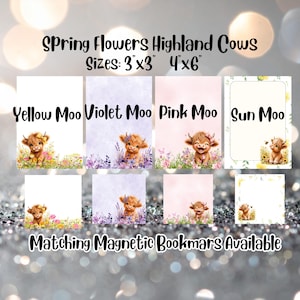 Könnte beinhalten: Spring Flowers Highland Cows Schreibwaren-Set mit vier Designs: Yellow Moo, Violet Moo, Pink Moo und Sun Moo. Jede Karte zeigt eine Highland-Rind-Illustration mit Blumen. Erhältlich in den Größen 7,62x7,62 cm und 10,16x15,24 cm. Passende magnetische Lesezeichen sind erhältlich.