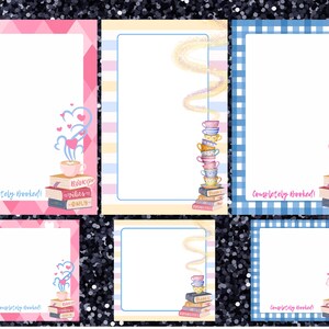 May include: Six rectangular stationery sheets featuring three distinct designs: pink plaid with a stack of books and a coffee cup, pastel stripes with a stack of teacups, and blue gingham with a stack of books and a coffee cup. Text reads Completely Booked!