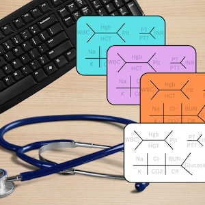 May include: A medical-themed image featuring a black keyboard, a blue stethoscope, and four colorful cards. The cards display medical abbreviations like WBC, Hgb, and Glucose. The background is a light wood-grain surface.