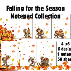 Könnte beinhalten: Falling for the Season Notizblock-Kollektion mit sechs 10,16 cm x 15,24 cm großen Notizblock-Designs mit 50 Blatt. Jeder Notizblock zeigt eine Figur in herbstlichen Szenen mit fallenden orangefarbenen, gelben und roten Blättern und Kürbissen.