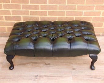 Chesterfield Footstool: Parliament Green Genuine Leather, Queen Anne Legs, Vintage Studding