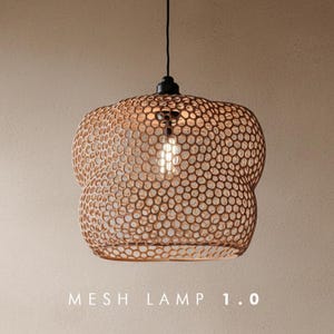 May include: A hanging pendant lamp with a rounded, organic shape and a tan, honeycomb-like mesh structure. The fixture features a central light bulb visible through the open weave, suspended by a thin black cord. Text reads MESH LAMP 1.0.