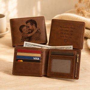 Personalized Leather Wallet for Men | Custom Photo Engraved Wallet | Slim Bifold Gift for Him Dad Husband Groomsmen | Father's Day