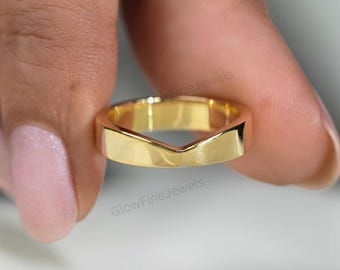 14K Solid Gold Chevron Wedding Band, Minimalist Curved Cigar V-Shaped Stacking Wide Band for Daily Wear, Engagement Ring Women Gift