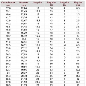 May include: A ring size conversion chart presented as a table with columns for circumference in mm, diameter in mm, and corresponding ring sizes for EU, UK, and USA standards. The table lists numerical values ranging from 37.8 mm to 68.5 mm.