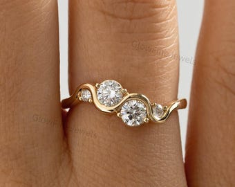 Round moissanite Wavy Engagement Band: Unique 14K Yellow Gold Curved Solitaire Diamond Wedding Promise Ring, For Women