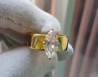 Marquise Cut Moissanite Cigar Wide Band, 14K Solid Gold Thick Solitaire Engagement Ring, Rounded Wedding Stacking Ring